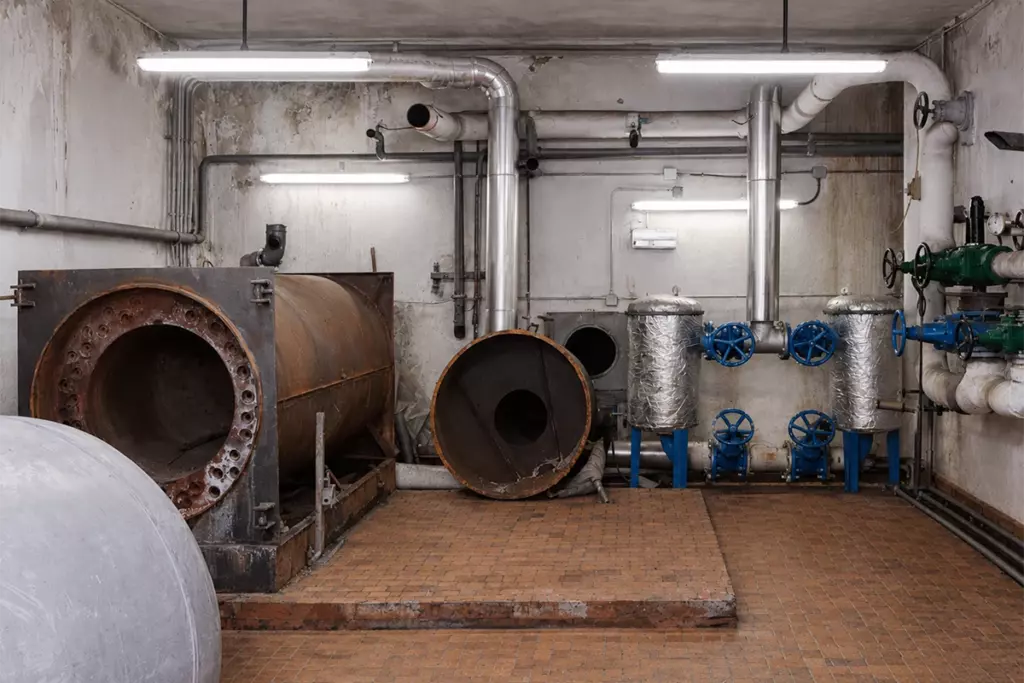 Centrale termica con caldaie e tubazioni prima della riqualificazione